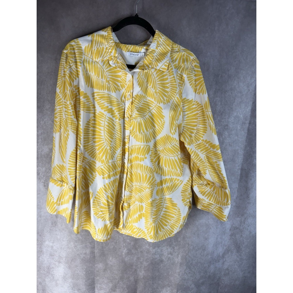 Chico's Cotton Poplin Button Down Leaf Print Blouse In Yellow Women's Sz 3 US 16